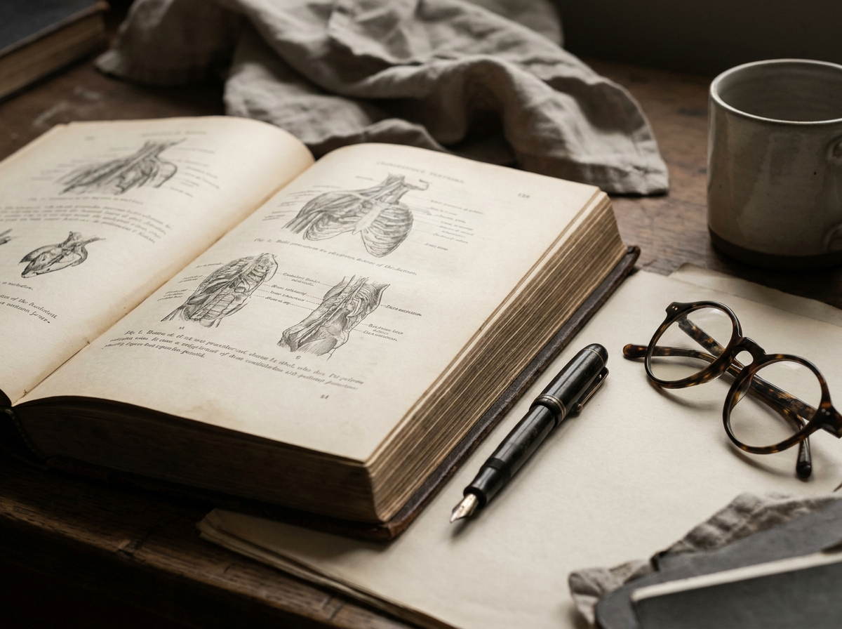 An open antique medical textbook on a writing desk