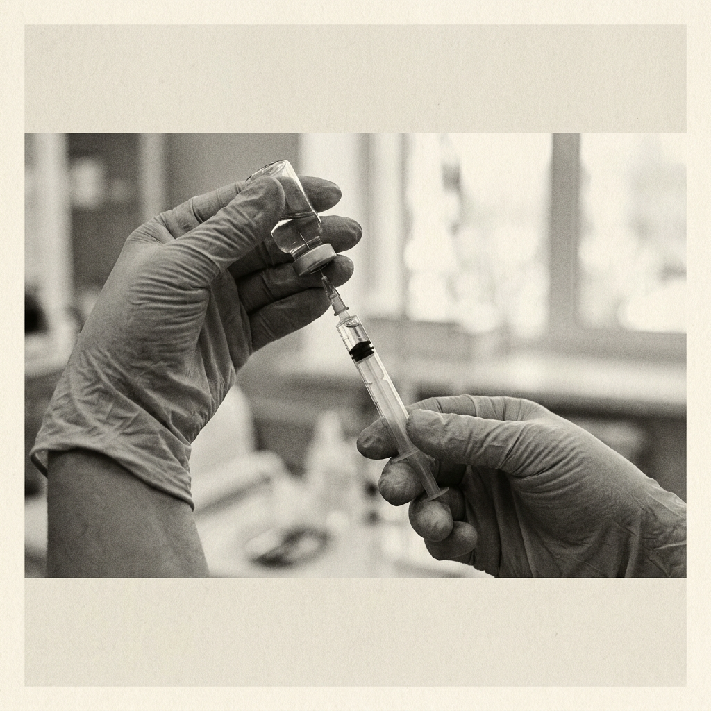 Black and white close up of gloved hands preparing a syringe