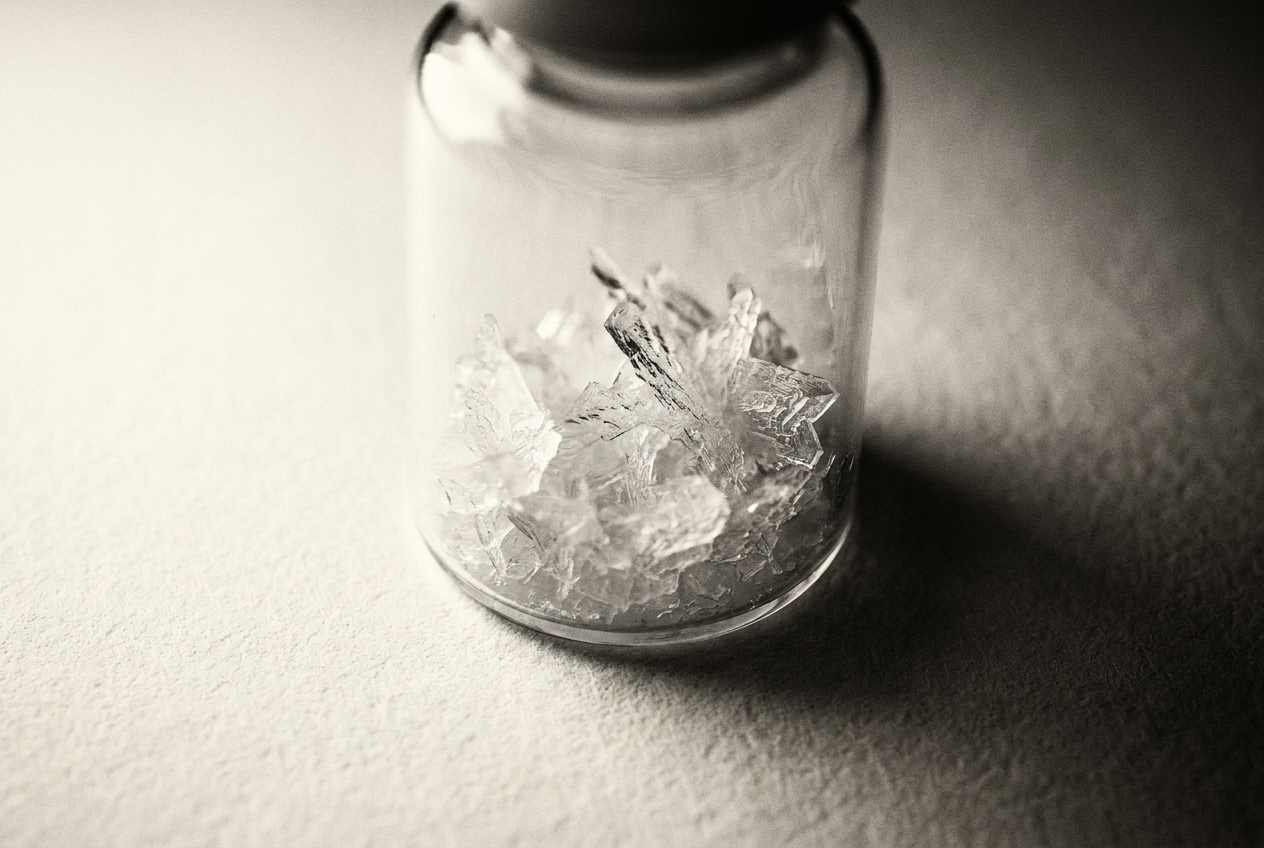 Crystalline peptide molecules captured in a fine art editorial photograph